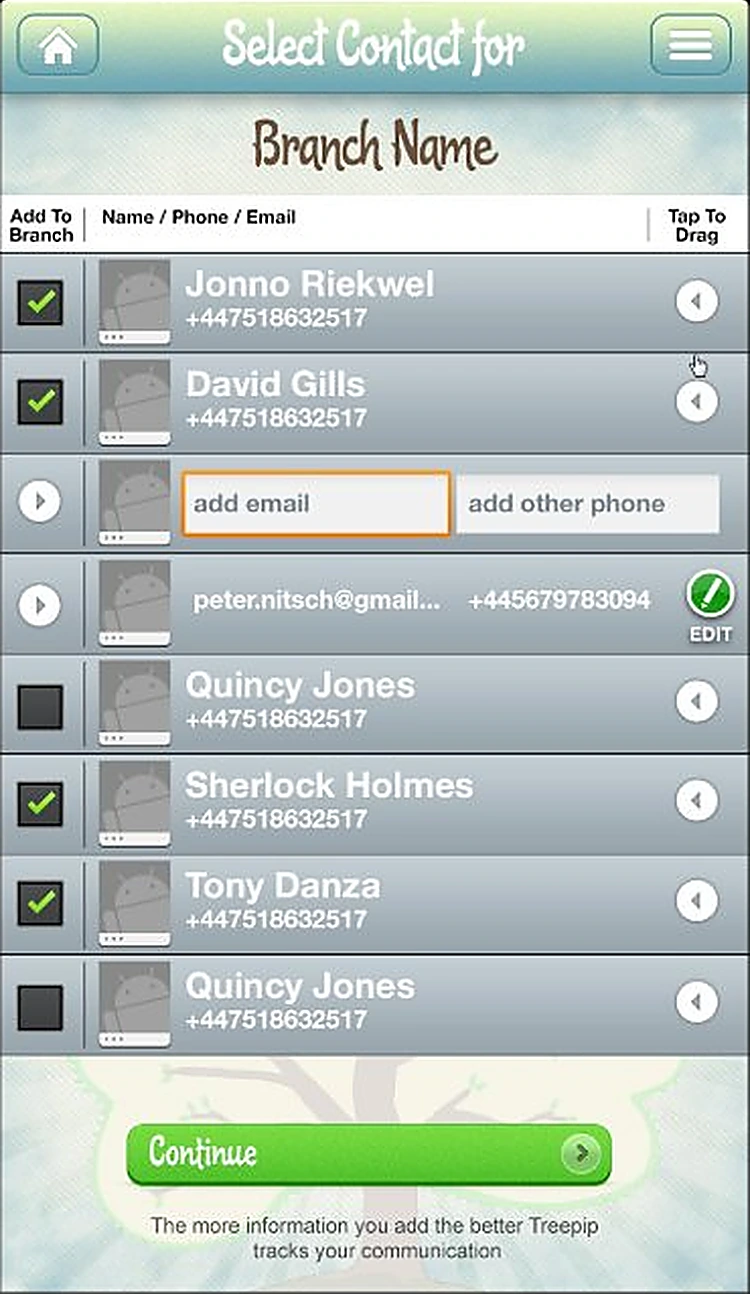 TreePip: Select contacts