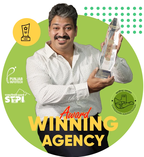 Sharp Web Studio receiving an award, alongside Punjab Infotech, STPI and Chandigarh Administration logos