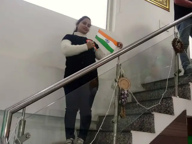 A flag on the stairs