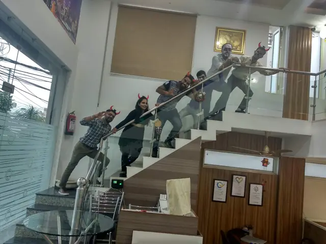 Office stairs, mid-move