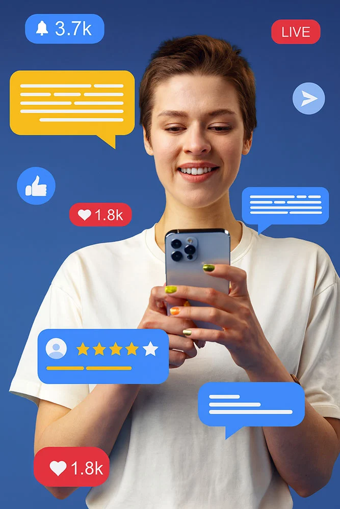 Happy customer leaving a 5-star review on her phone