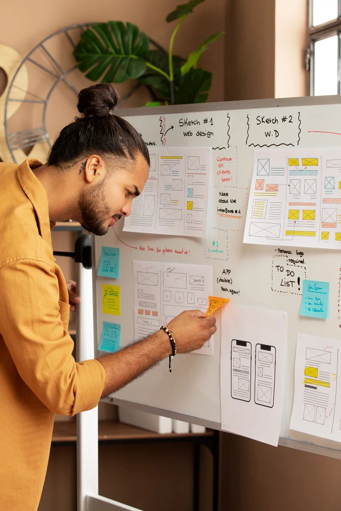UX researcher mapping wireframes and user flows on a whiteboard