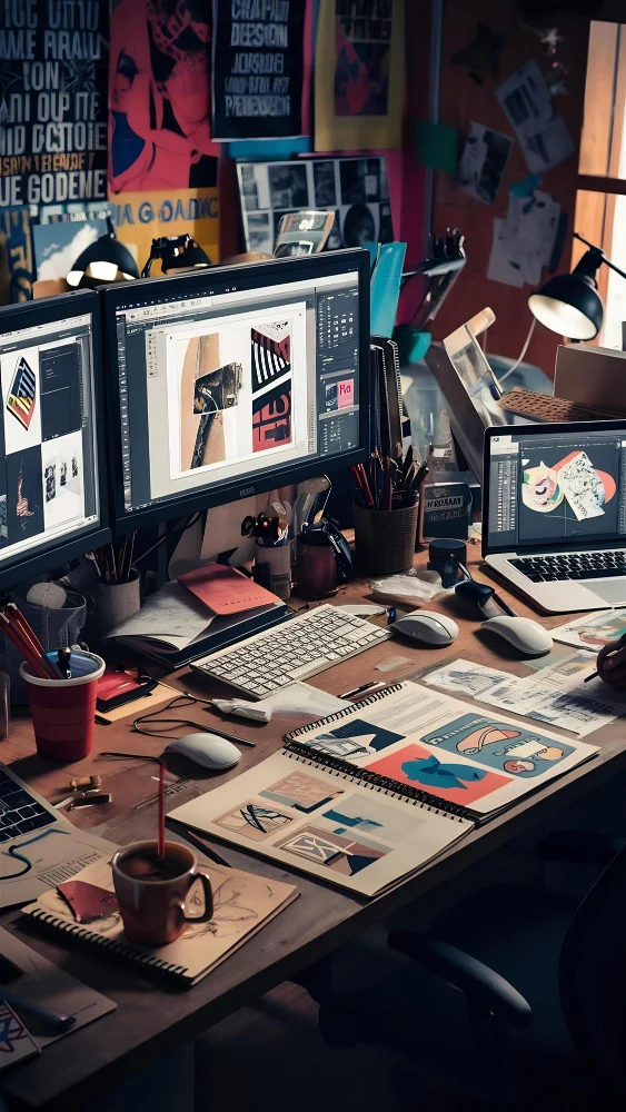 A designer's desk with graphic design work in progress