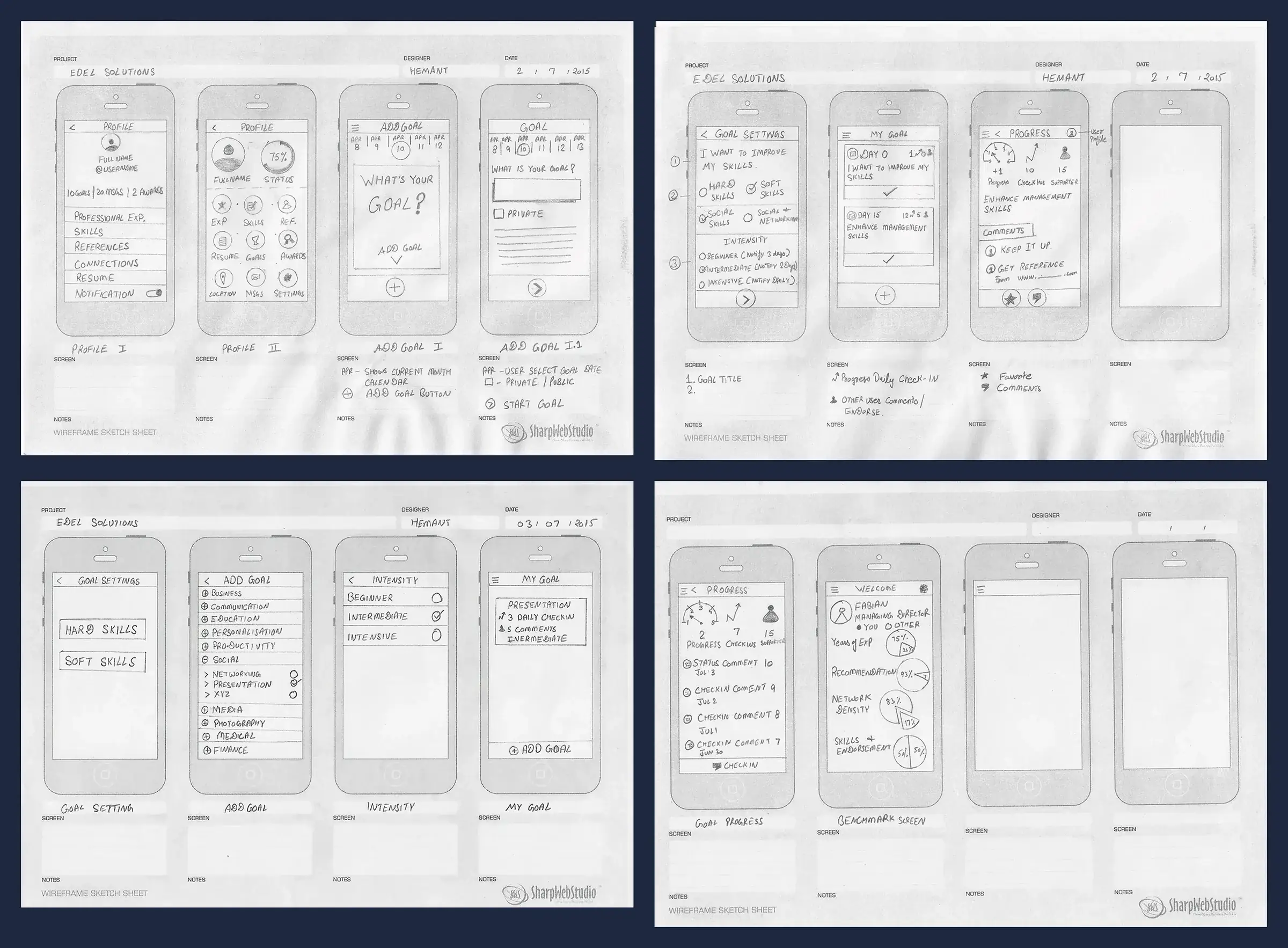 Goal-tracking app sketches wireframes, full size