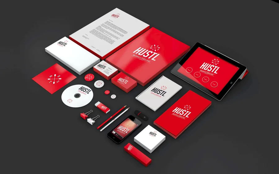 Hustl brand identity & stationery: logo, stationery, business cards and app screens